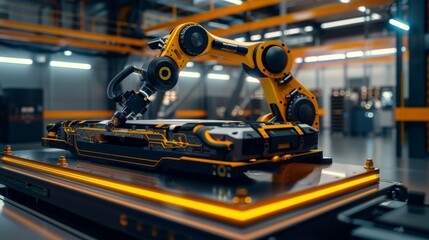Poster - A high-tech assembly line with industrial robots performs tasks in a modern factory setting.