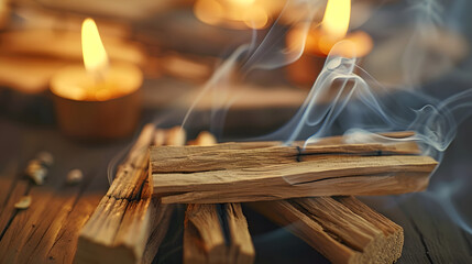 Wall Mural - Up close view of Palo Santo bars with space for text Sanctifying with sacred wood meditation and scented incense and candles