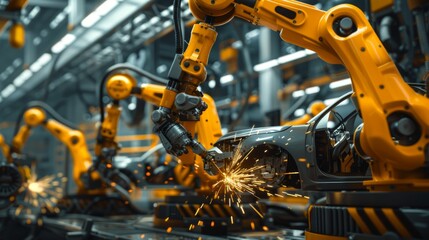 Wall Mural - Several orange robots are working together in a factory. The scene has an industrial and mechanical feel, with sparks flying from the welding process.