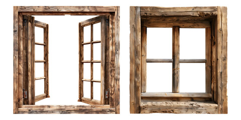 Set of natural wooden window isolated on transparent background