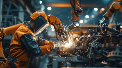 Poster - Workers in safety suits work robotic arm software programming or replacing parts in the automated manufacturing industry: Stock photo