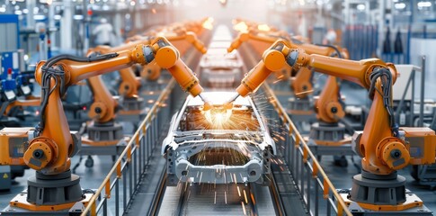 Poster - It features a robot working on a car that is being repaired. The robot is orange and metallic. The scene is industrial and mechanical with a focus on the robot's activity.