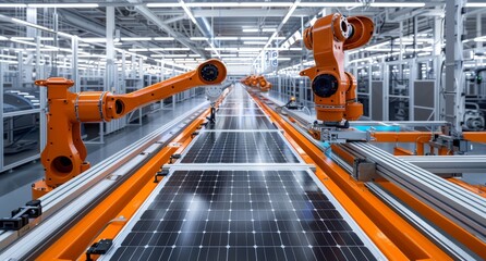 Poster - A modern factory with automated robots assembling solar panels