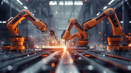 Poster - A robot welding parts on a production line with flying sparks