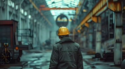 Man strolling in a big industrial warehouse while wearing a helmet and work clothing. The scene emphasizes the industrial and labor surroundings with blurry background machines and equipment.