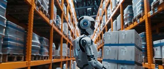 Poster - Automated logistics and automation are symbolized by a futuristic robot in a vast, well-organized warehouse filled with countless boxes.