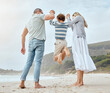 © Maass/peopleimages.com - Happy, beach and child swing by parents with fun game and family with happy, travel and student holiday. Sea, back and lift together with love, security and support with playing and youth by ocean