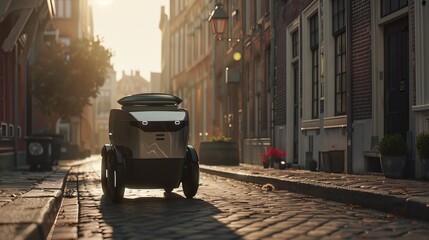 Poster - Rolling down the sidewalk with a fresh order is a high-tech food delivery robot.