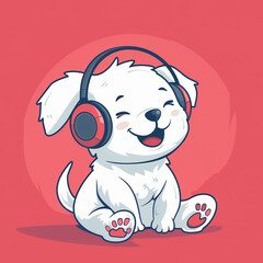 Cute puppy, little dog listening to music, wearing headphones, sitting on the floor, eyes closed