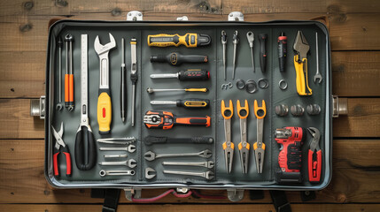 Wall Mural - An organized toolbox containing various hand tools, including wrenches, screwdrivers, pliers, and a power drill, neatly arranged on a wooden background.