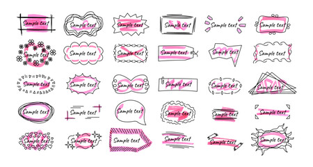 Poster - Set of frames for text in hand drawn style. The effect of a pink marker or highlighter. Vector text boxes of various shapes isolated on white background