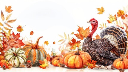 Wall Mural - Picture of a turkey and pumpkin and autumn leaves. and copy space white background