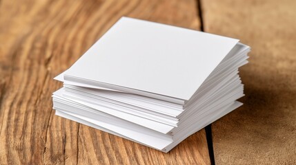 Poster - A stack of white papers on a wooden table. The papers are piled on top of each other, creating a sense of organization and structure. The image conveys a feeling of order and neatness