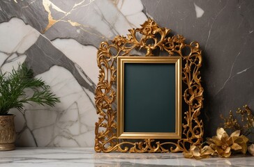 Large ornate gold empty frame and blank canvas on white and gray marble background