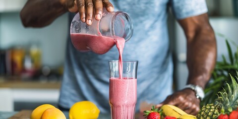 Wall Mural - An African man pours a berry smoothie into a glass for a nutritious morning refreshment