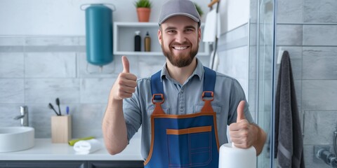 Wall Mural - A professional repairman in uniform gives a thumbs-up gesture while standing in a bathroom.