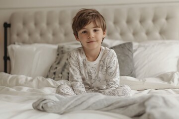 Wall Mural - An adorable kid sitting comfortably on a duvet in a bedroom, reflecting innocence and relaxation.