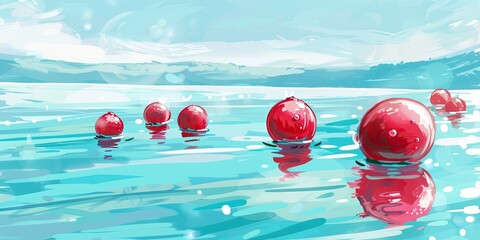 Canvas Print - Floating Red Spheres on Calm Blue Water