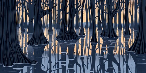 Poster - Serene Swamp Reflection at Dusk