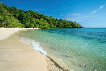 Secluded white sand beach with clear blue water on a sunny day