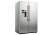 © Masood - A Sleek, Stainless Steel Side-by-Side Refrigerator With a Water Dispenser on a Clear PNG or White Background.