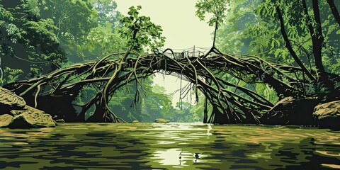 Canvas Print - Lush Jungle with a Rustic Bridge Over Calm Water