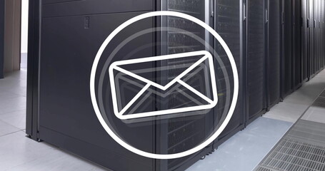 Poster - Image of envelope email icon over computer server room