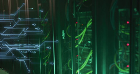 Poster - Image of glowing motherboard over dark computer server room