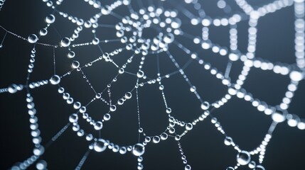 closeup water droplets on spider web on dark background bokeh effect natural pattern macro dewdrops on network
