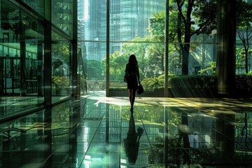 Poster - a woman walking down a walkway in front of a tall building