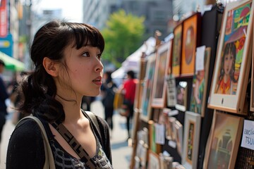 Poster - a woman standing next to a wall with pictures on it