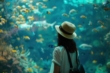 Sticker - a woman wearing a hat looking at a fish tank