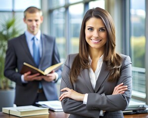 Business woman, portrait and arms crossed with law intern in office with confidence and legal student work. Happy, smile and labour attorney at lawyer company with scholarship opportunity and study