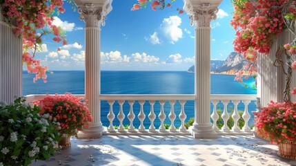 Wall Mural - stunning mediterranean balcony with blooming flowers, white columns, and a breathtaking view of the 