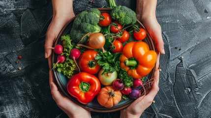 A bowl of vegetables is being held by two people