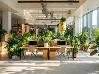 Poster - open plan office with bright coworking space professionals using laptops nature inspired interior de