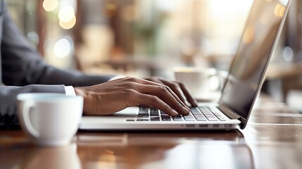 Closeup of a businesspersons hand typing on a laptop, with a cup of coffee next to it and ample copy space, more clarity with clear light and sharp focus, high detailed