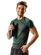 © kaiserseeing - A cheerful young man in sportswear holding a water bottle, showcasing a healthy and active lifestyle. Ideal for themes related to fitness, hydration, transparent background