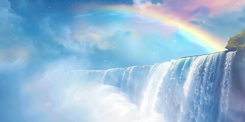 Poster - Majestic Waterfall with Rainbow and Blue Sky