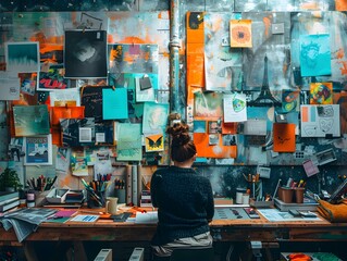 Colorful Creative Workspace with Designers Collaborating on a Project