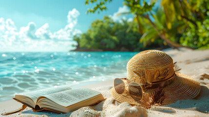 Wall Mural - dyllic summer escape: beach view with book and accessories. Serene beach scene with a straw hat, sunglasses and an open book, evoking the relaxation of a tropical summer vacation