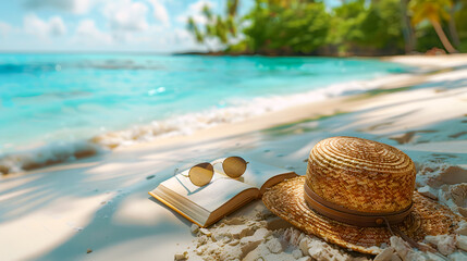 Wall Mural - dyllic summer escape: beach view with book and accessories. Serene beach scene with a straw hat, sunglasses and an open book, evoking the relaxation of a tropical summer vacation