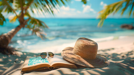 Wall Mural - dyllic summer escape: beach view with book and accessories. Serene beach scene with a straw hat, sunglasses and an open book, evoking the relaxation of a tropical summer vacation