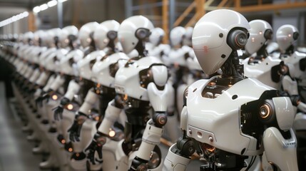 Poster - humanoid robots collaborate in a busy factory, efficiently assembling products with precision.