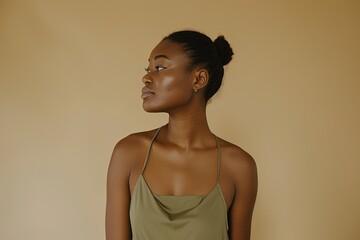 Canvas Print - a woman in a tan tank top looking off to the side