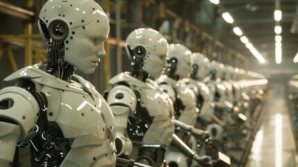 Poster - humanoid robots enhance factory productivity through precise teamwork, revolutionizing manufacturing