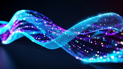 Poster - A blue and purple wave with many small dots. The dots are of different colors and sizes. The image has a futuristic and abstract feel to it