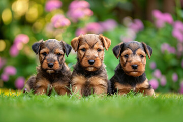 Wall Mural - three Airedale terrier dog puppies