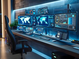 Poster - Futuristic High Tech Workspace with Advanced Ergonomic Setup and Data Visualization Displays