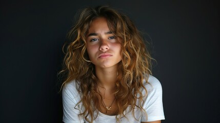 Poster - Young Woman With Curly Hair Posing Against Black Background